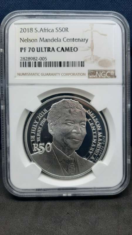 2018 SOUTH AFRICA SILVER PROOF R50 - NELSON MANDELA CENTENARY- NGC GRADED PF70UC